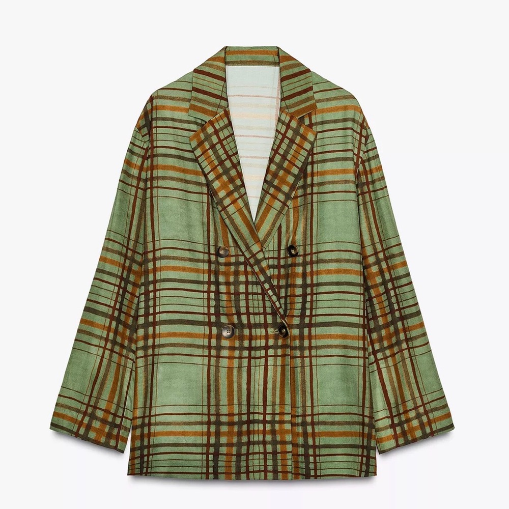 Plaid Green Double-Breasted Women's Jacket